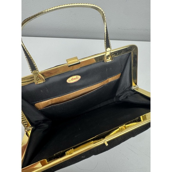 Vtg 1960s Ande Black Fabric Evening Bag Gold Frame Top Handle Clutch - Picture 6 of 16
